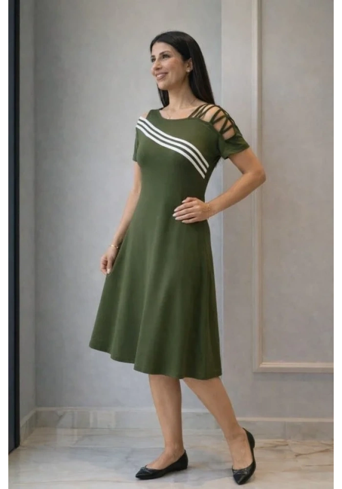 Kadın Kısa Kollu Omuzlardan Açık şerit Detaylı Midi Viskon Elbise