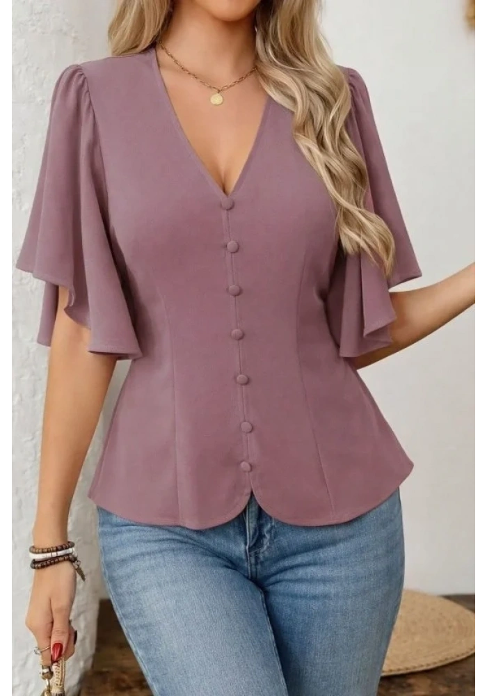 Kadın Kısa Kollu önden Düğmeli Ithal Krep Bluz