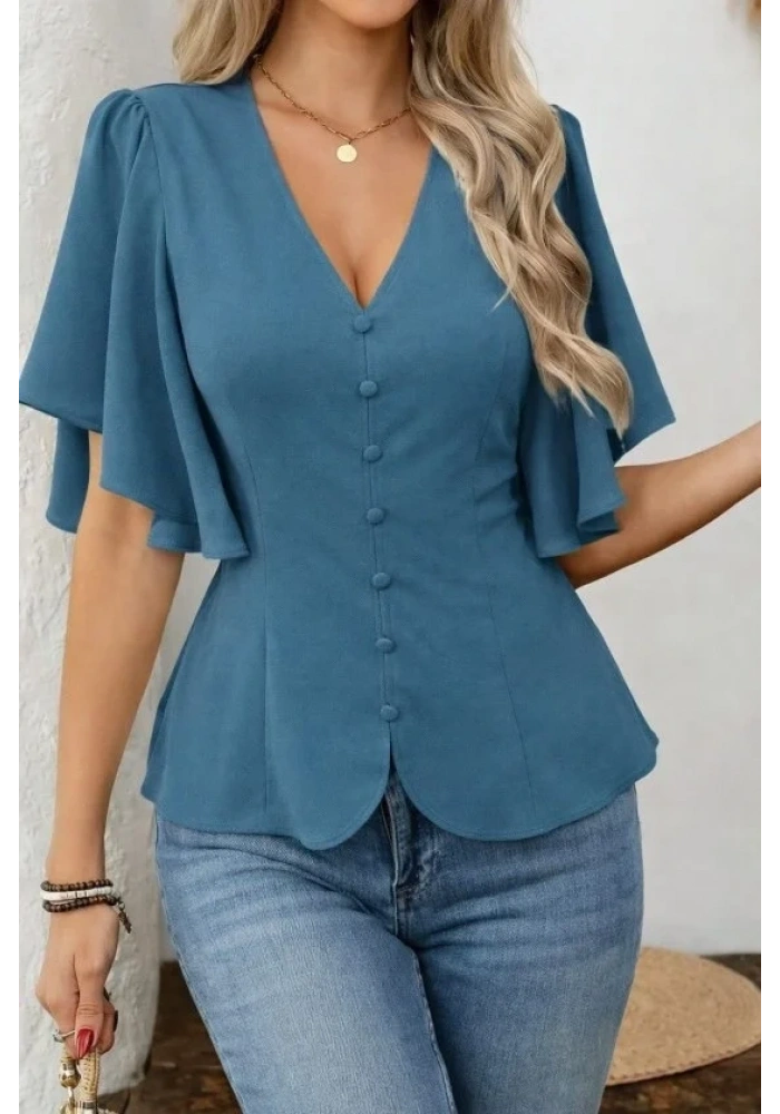 Kadın Kısa Kollu önden Düğmeli Ithal Krep Bluz