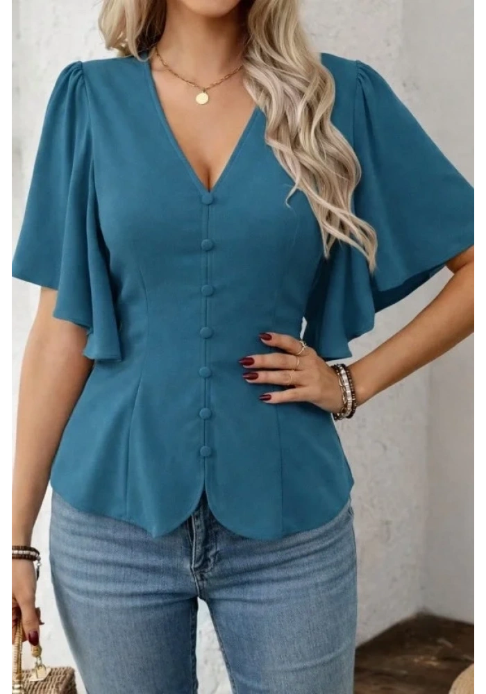 Kadın Kısa Kollu önden Düğmeli Ithal Krep Bluz
