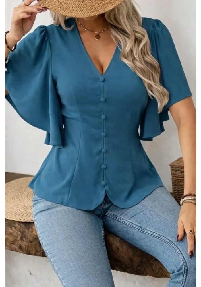 Kadın Kısa Kollu önden Düğmeli Ithal Krep Bluz