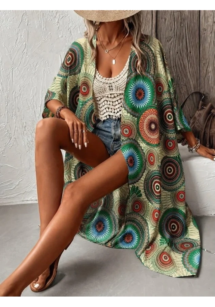 Kadın Kısa Kollu önü Açık Belden Kuşaklı Uzun Kimono
