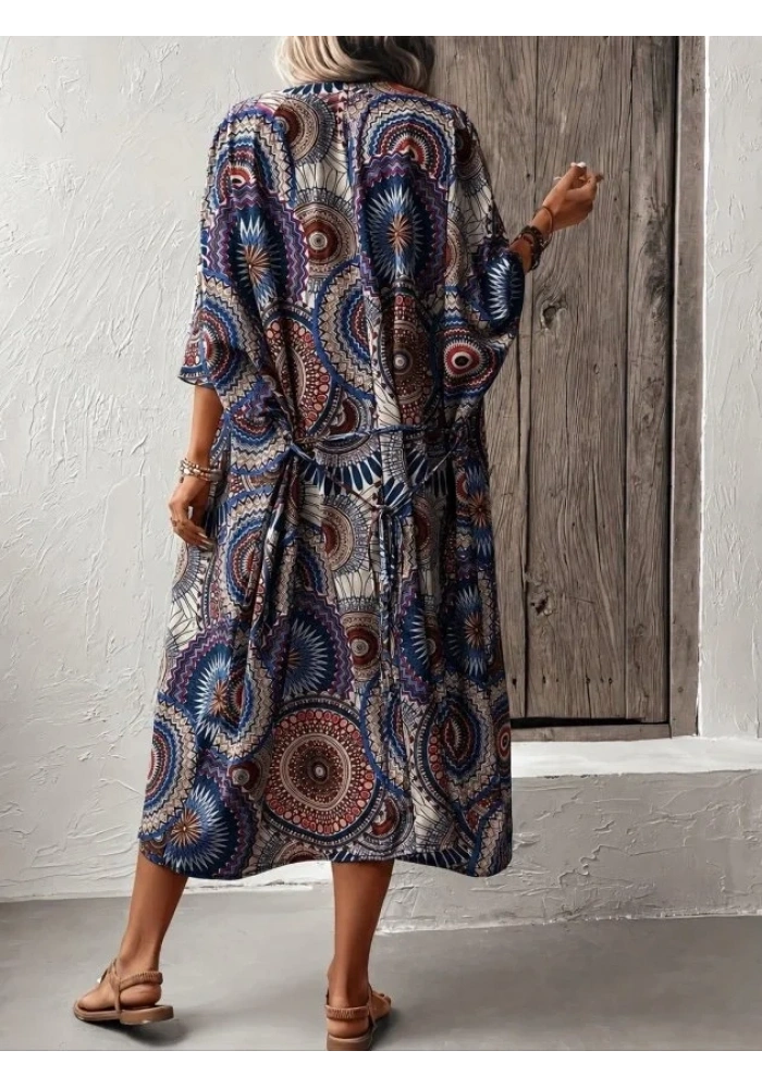 Kadın Kısa Kollu önü Açık Belden Kuşaklı Uzun Kimono
