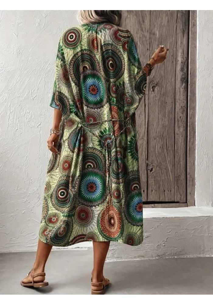 Kadın Kısa Kollu önü Açık Belden Kuşaklı Uzun Kimono