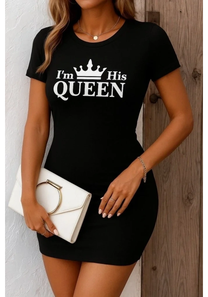 Kadın Kısa Kollu Queen Baskı Iki Iplik Mini Elbise