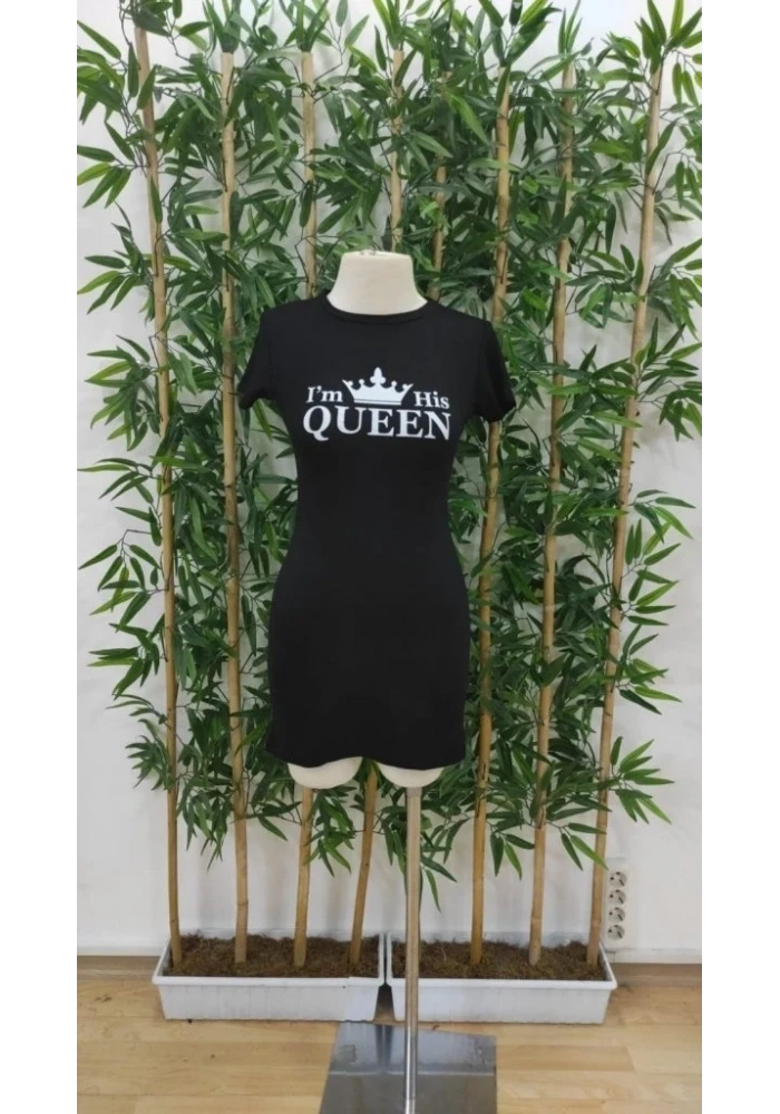 Kadın Kısa Kollu Queen Baskı Iki Iplik Mini Elbise