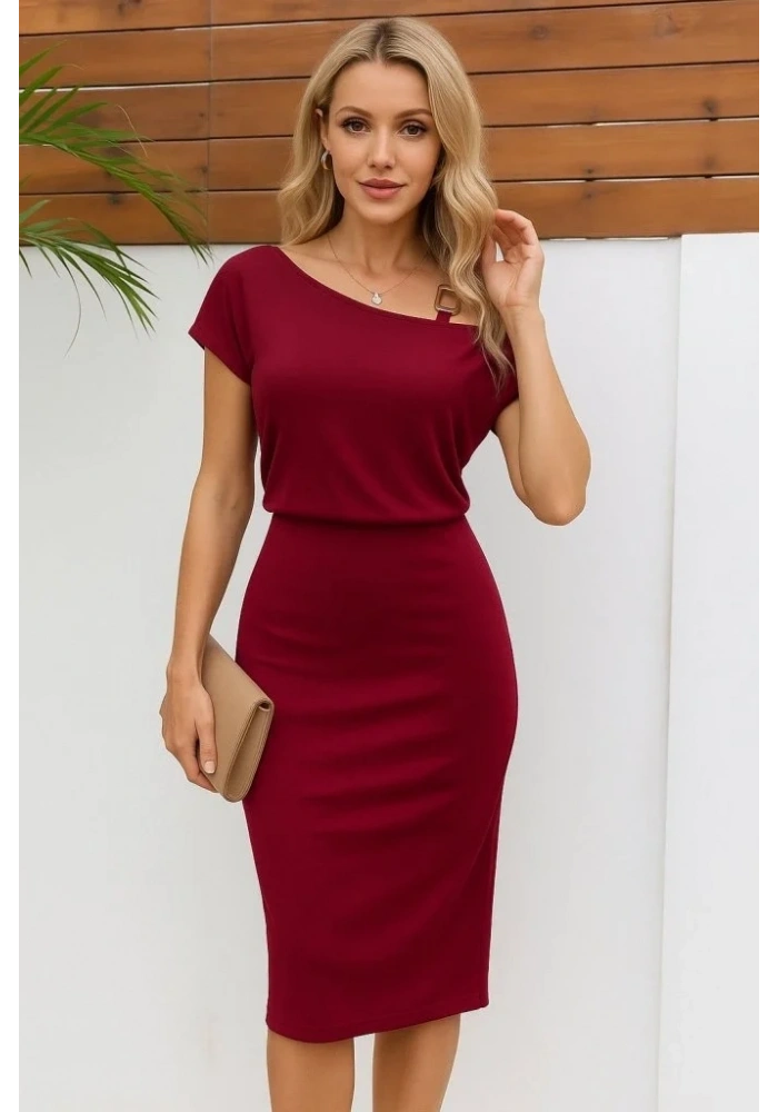 Kadın Kısa Kollu Tek Omuz Askı Ve Aksesuar Detay Beli Lastikli Krep Elbise