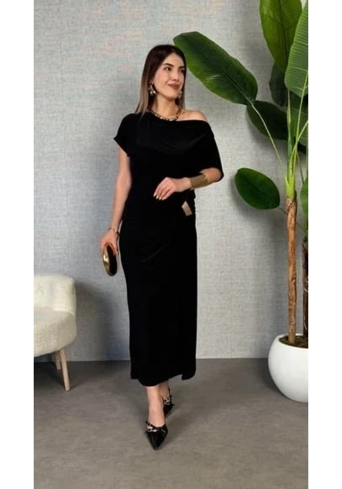 Kadın Kısa Kollu Tek Omuzdan Açık Beli Lastikli Sandy Maxi Elbise