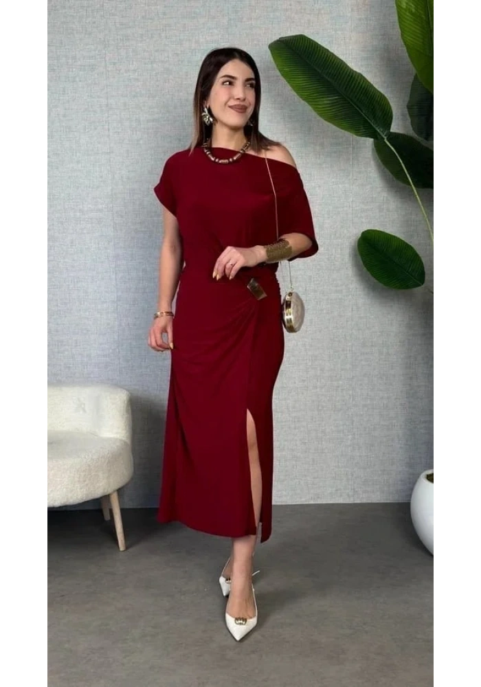 Kadın Kısa Kollu Tek Omuzdan Açık Beli Lastikli Sandy Maxi Elbise