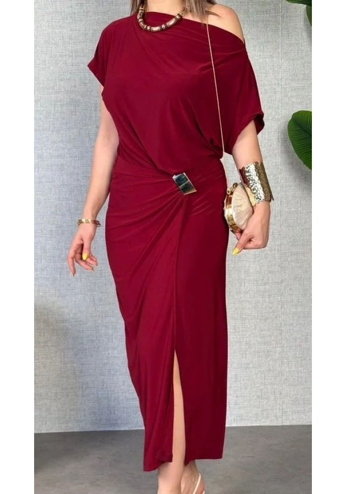 Kadın Kısa Kollu Tek Omuzdan Açık Beli Lastikli Sandy Maxi Elbise