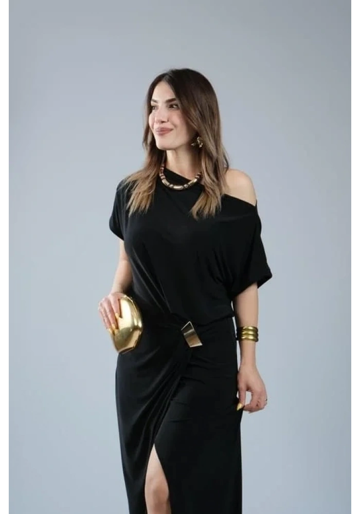 Kadın Kısa Kollu Tek Omuzdan Açık Beli Lastikli Sandy Maxi Elbise