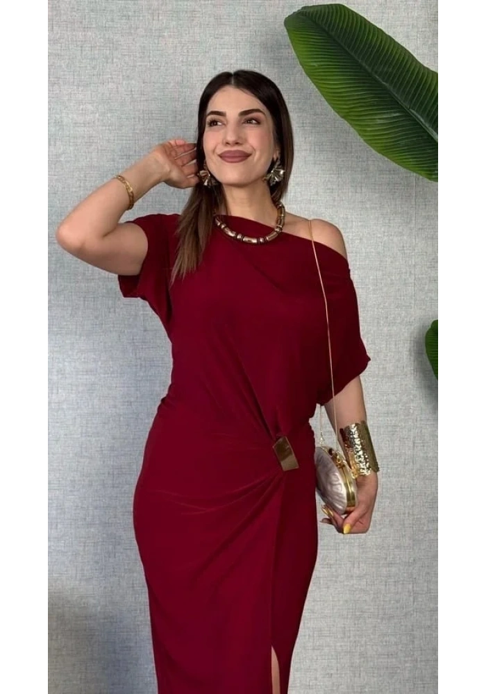 Kadın Kısa Kollu Tek Omuzdan Açık Beli Lastikli Sandy Maxi Elbise