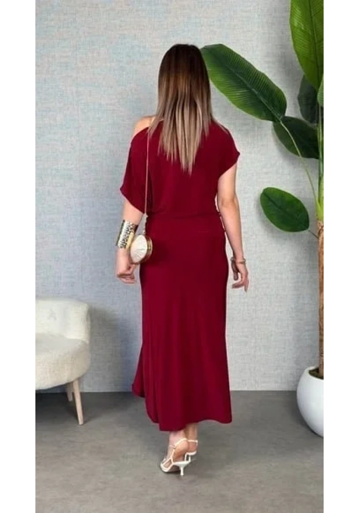 Kadın Kısa Kollu Tek Omuzdan Açık Beli Lastikli Sandy Maxi Elbise