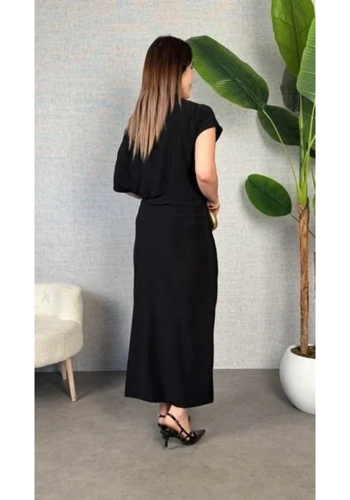 Kadın Kısa Kollu Tek Omuzdan Açık Beli Lastikli Sandy Maxi Elbise