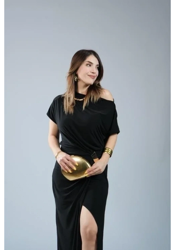 Kadın Kısa Kollu Tek Omuzdan Açık Beli Lastikli Sandy Maxi Elbise