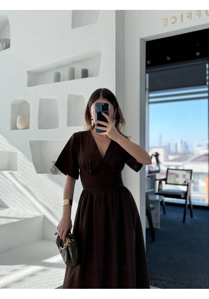 Kadın Kısa Kollu Uzun Elbise - Kahve