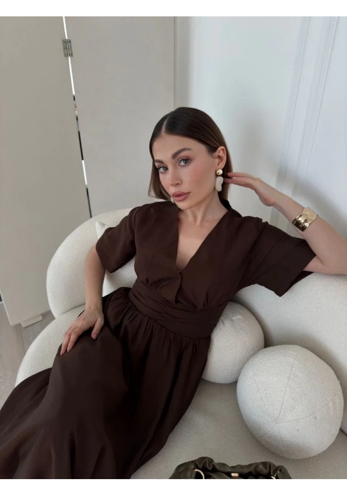 Kadın Kısa Kollu Uzun Elbise - Kahve