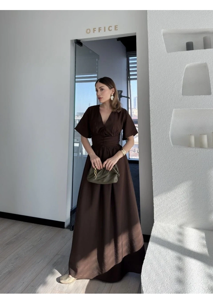 Kadın Kısa Kollu Uzun Elbise - Kahve