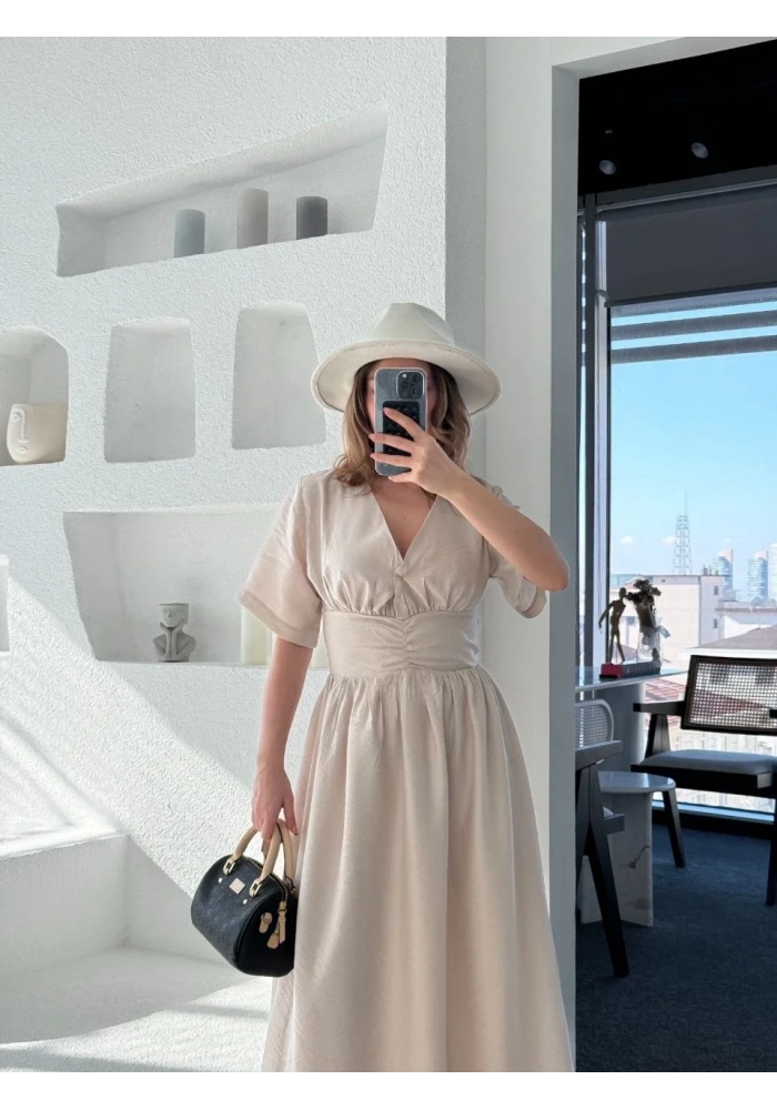 Kadın Kısa Kollu Uzun Elbise - Kırık Beyaz