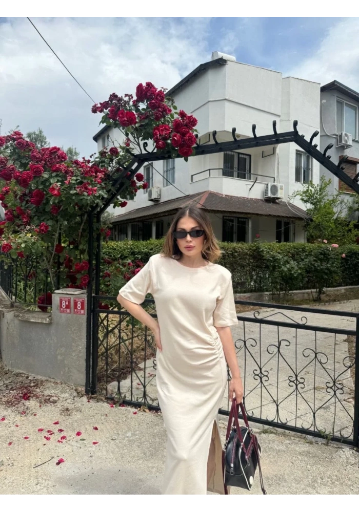 Kadın Kısa Kollu Uzun Yandan Yırtmaçlı Elbise - Bej