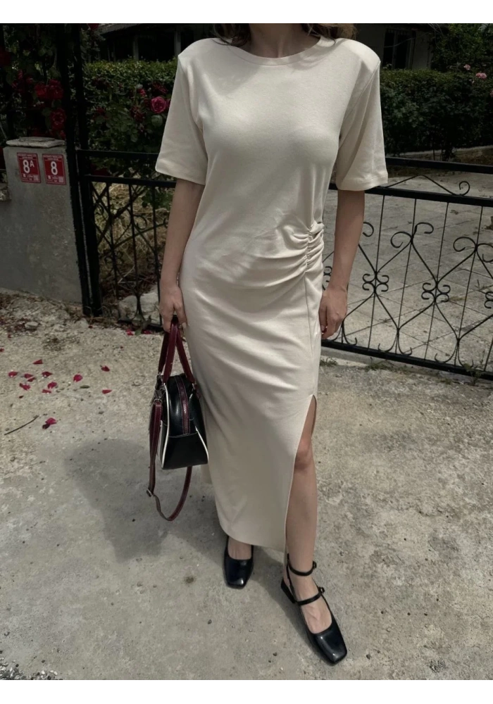 Kadın Kısa Kollu Uzun Yandan Yırtmaçlı Elbise - Bej