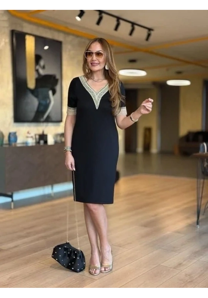Kadın Kısa Kollu V Dantel Yaka Viskon Iki Iplik Elbise