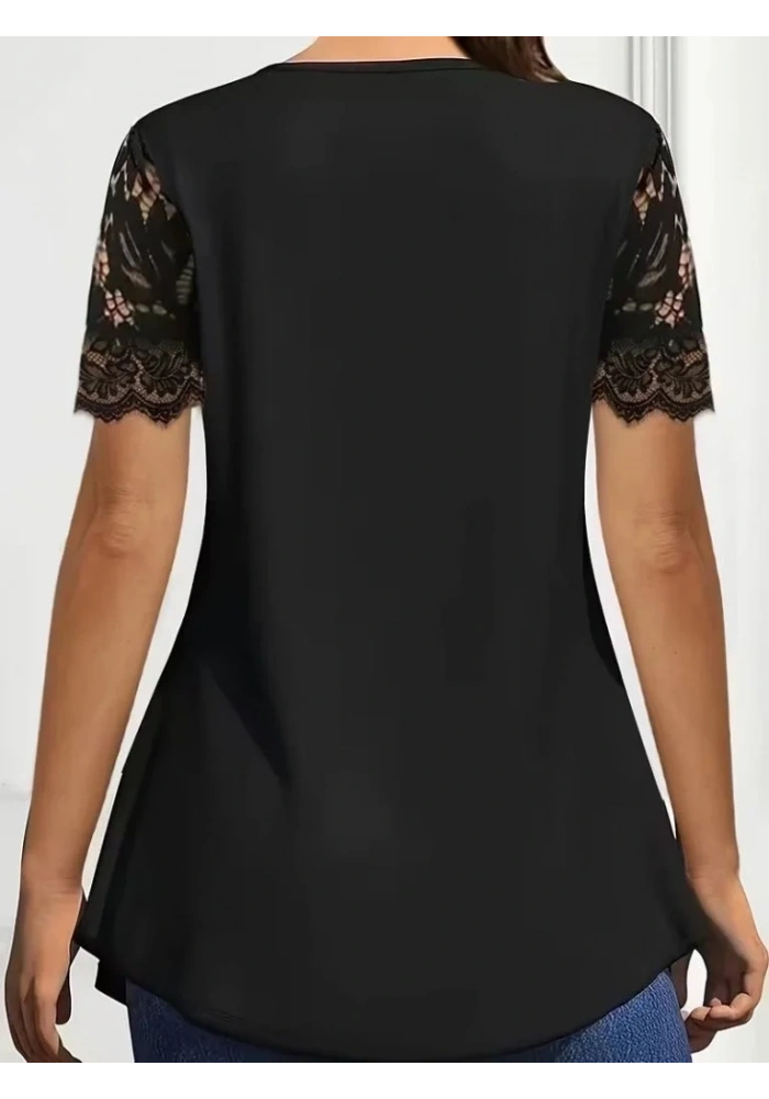 Kadın Kısa Kollu V Dantel Yakalı Düğmeli Viskon Bluz