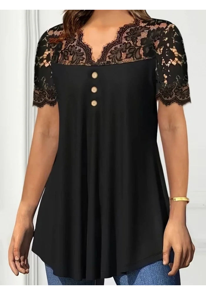 Kadın Kısa Kollu V Dantel Yakalı Düğmeli Viskon Bluz