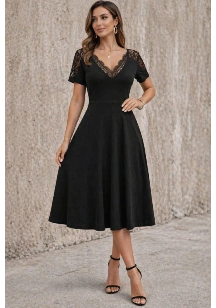 Kadın Kısa Kollu V Dantel Yakalı Midi Viskon Elbise