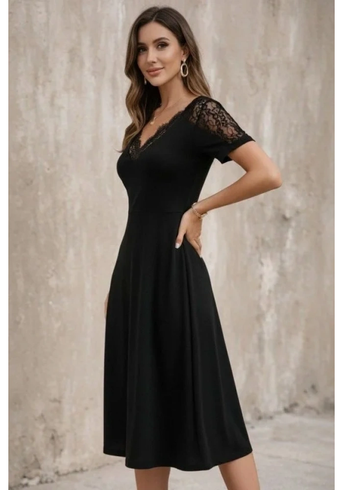 Kadın Kısa Kollu V Dantel Yakalı Midi Viskon Elbise