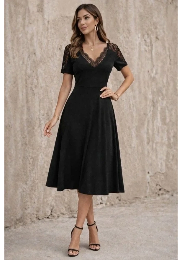 Kadın Kısa Kollu V Dantel Yakalı Midi Viskon Elbise