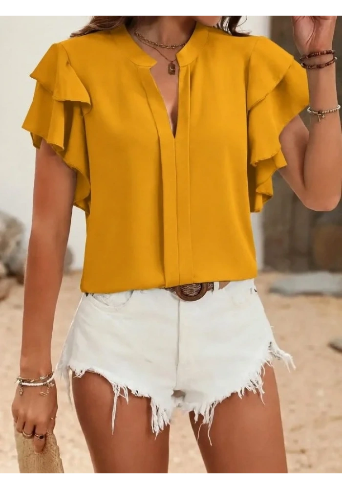 Kadın Kısa Kollu V Hakim Yaka Kolları Fırfırlı Dubai Bluz