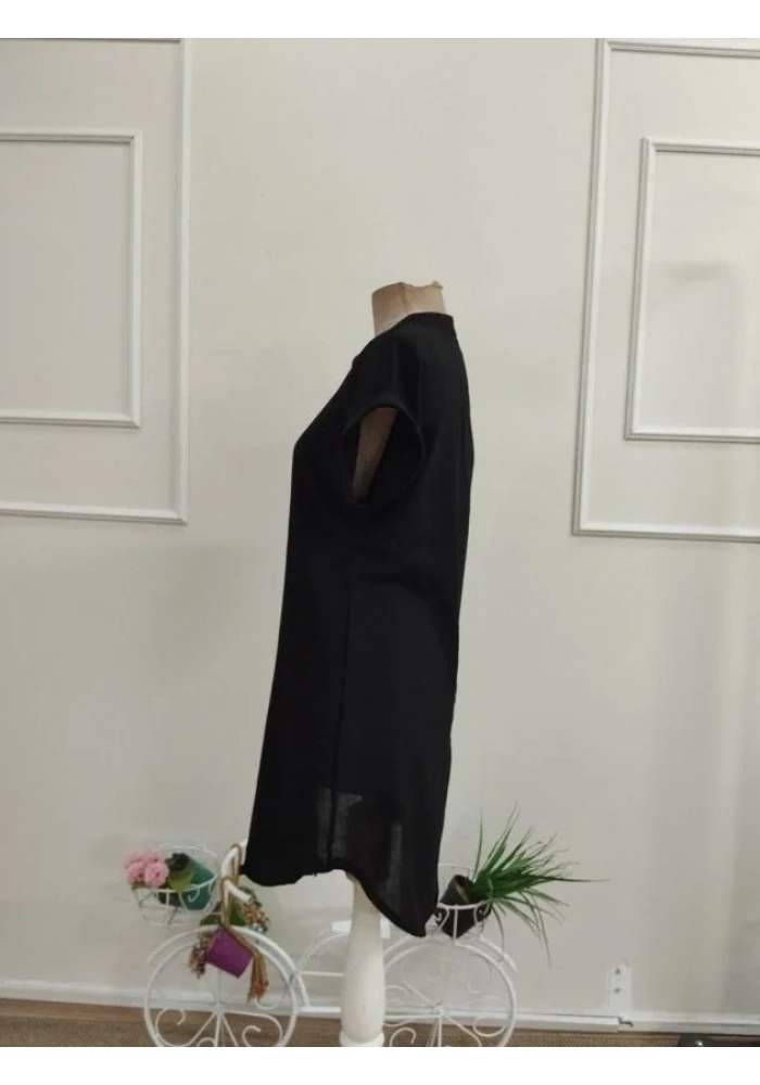 Kadın Kısa Kollu V Hakim Yakalı Kısa Keten Elbise