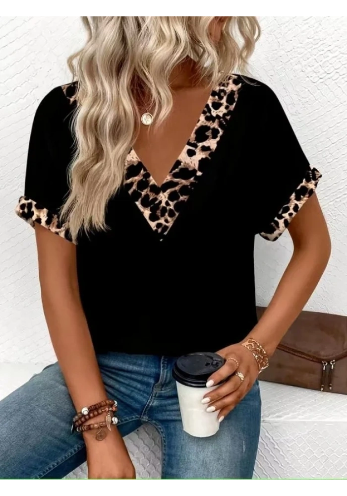 Kadın Kısa Kollu V Leopar Yakalı Viskon Bluz