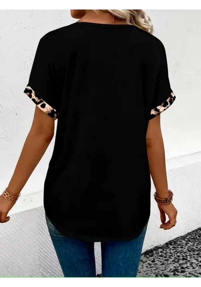 Kadın Kısa Kollu V Leopar Yakalı Viskon Bluz