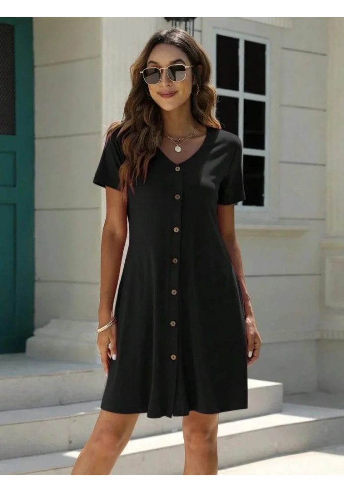Kadın Kısa Kollu V Yaka önü Düğmeli Viskon Elbise