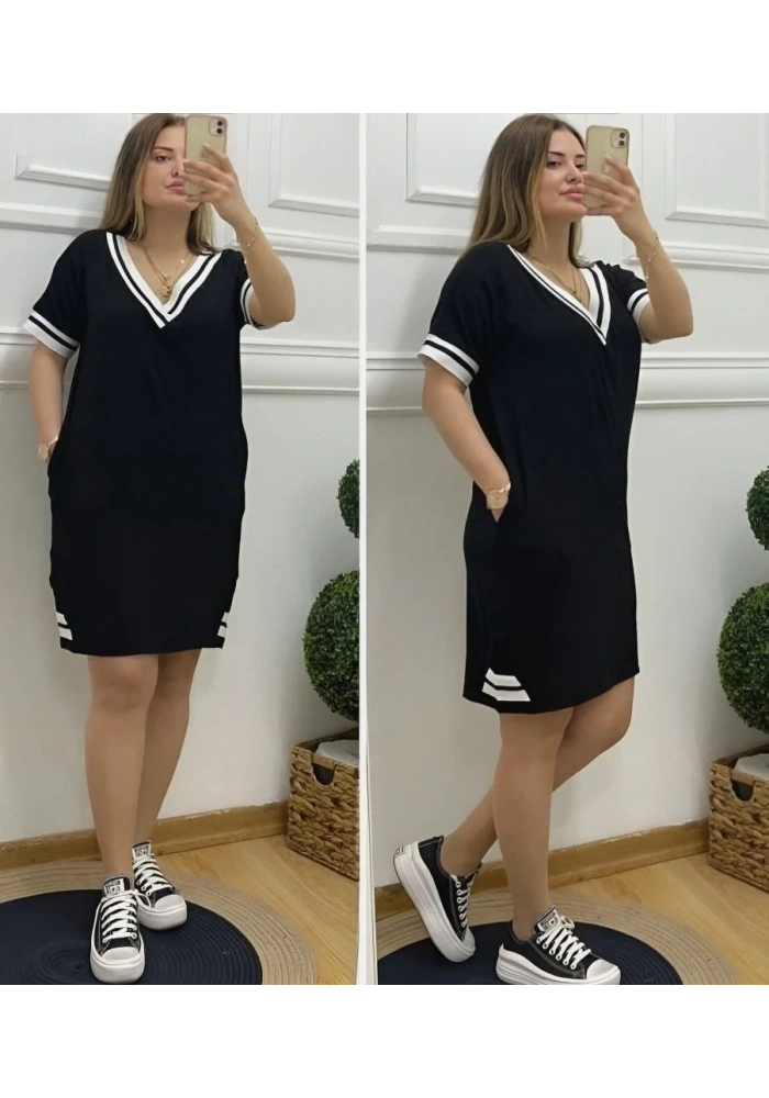 Kadın Kısa Kollu V Yaka Ribana Detaylı Cepli Dizüstü Viskon Elbise