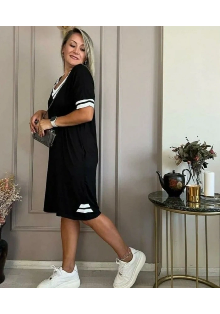 Kadın Kısa Kollu V Yaka Ribana Detaylı Cepli Dizüstü Viskon Elbise