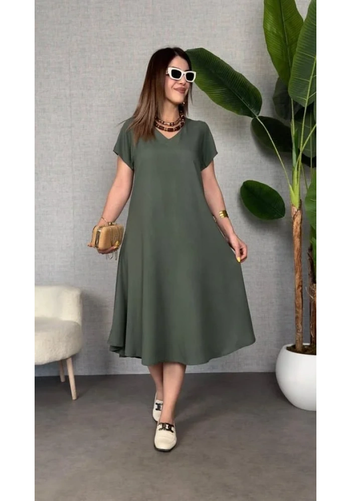 Kadın Kısa Kollu V Yaka Salaş Maxi Boy Elbise