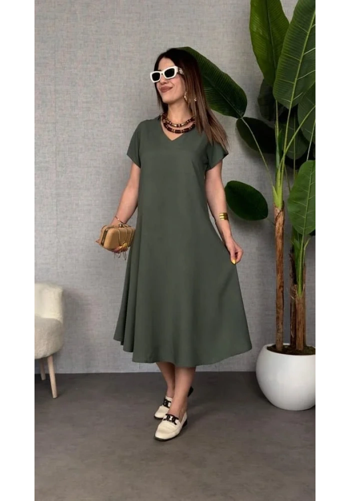 Kadın Kısa Kollu V Yaka Salaş Maxi Boy Elbise