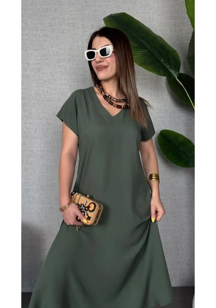 Kadın Kısa Kollu V Yaka Salaş Maxi Boy Elbise