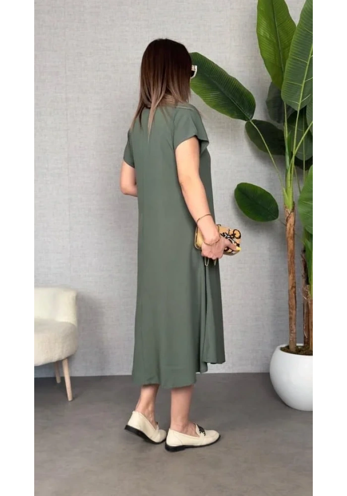 Kadın Kısa Kollu V Yaka Salaş Maxi Boy Elbise