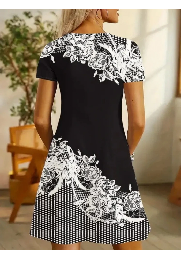 Kadın Kısa Kollu V Yakalı çiçek Baskılı Süprem Elbise
