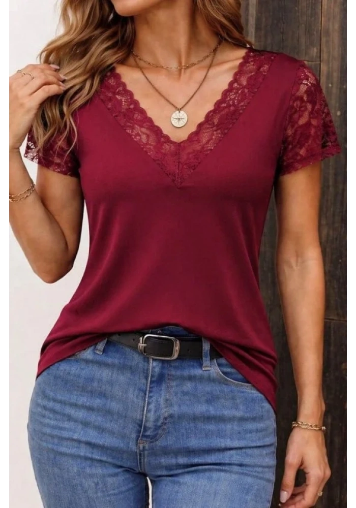 Kadın Kısa Kollu V Yakalı Dantelli Viskon Bluz