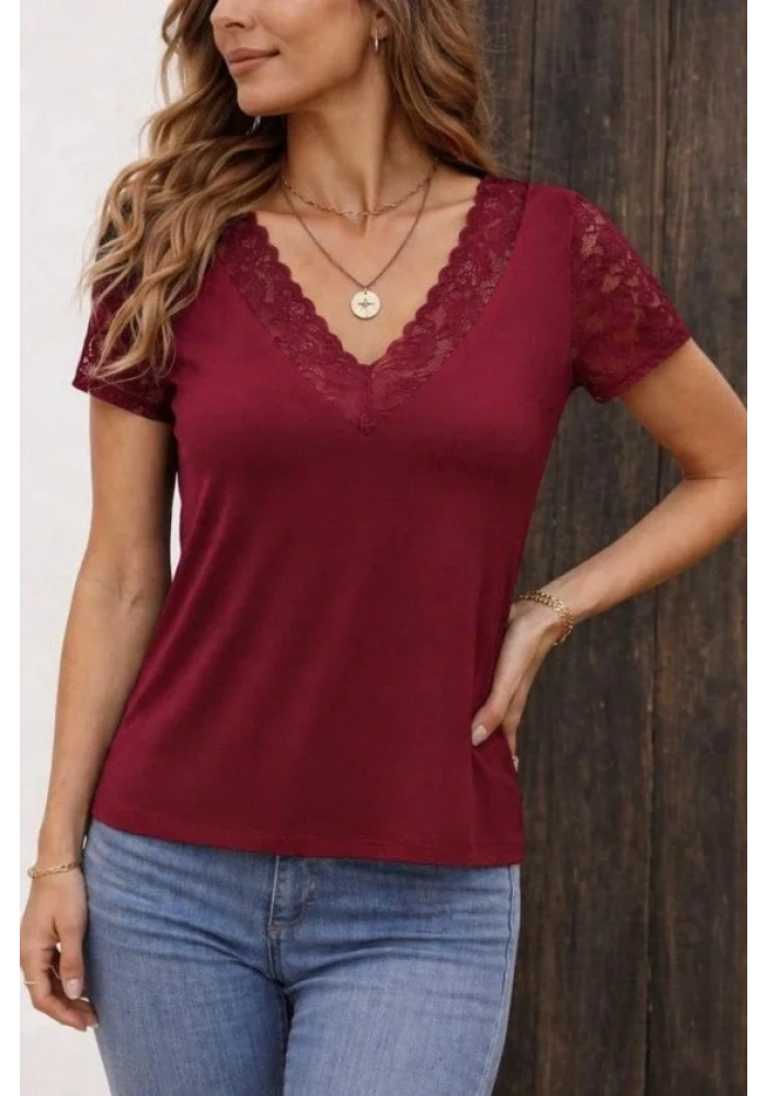 Kadın Kısa Kollu V Yakalı Dantelli Viskon Bluz