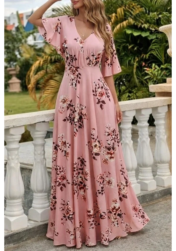 Kadın Kısa Kollu V Yakalı Desenli Süprem Elbise