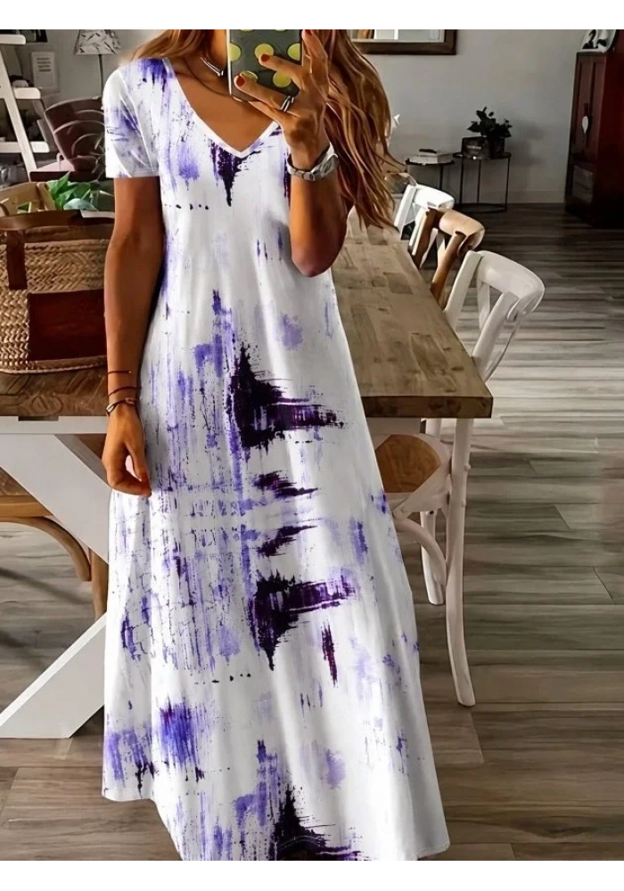 Kadın Kısa Kollu V Yakalı Desenli Uzun Süprem Elbise