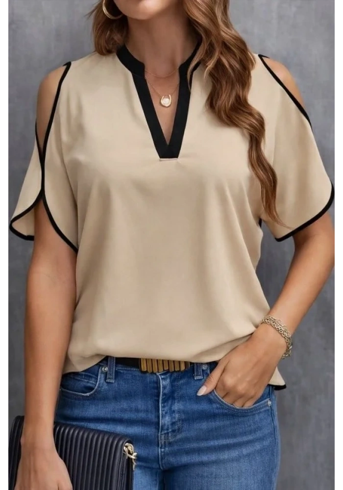 Kadın Kısa Kollu V Yakalı Ithal Krep Bluz