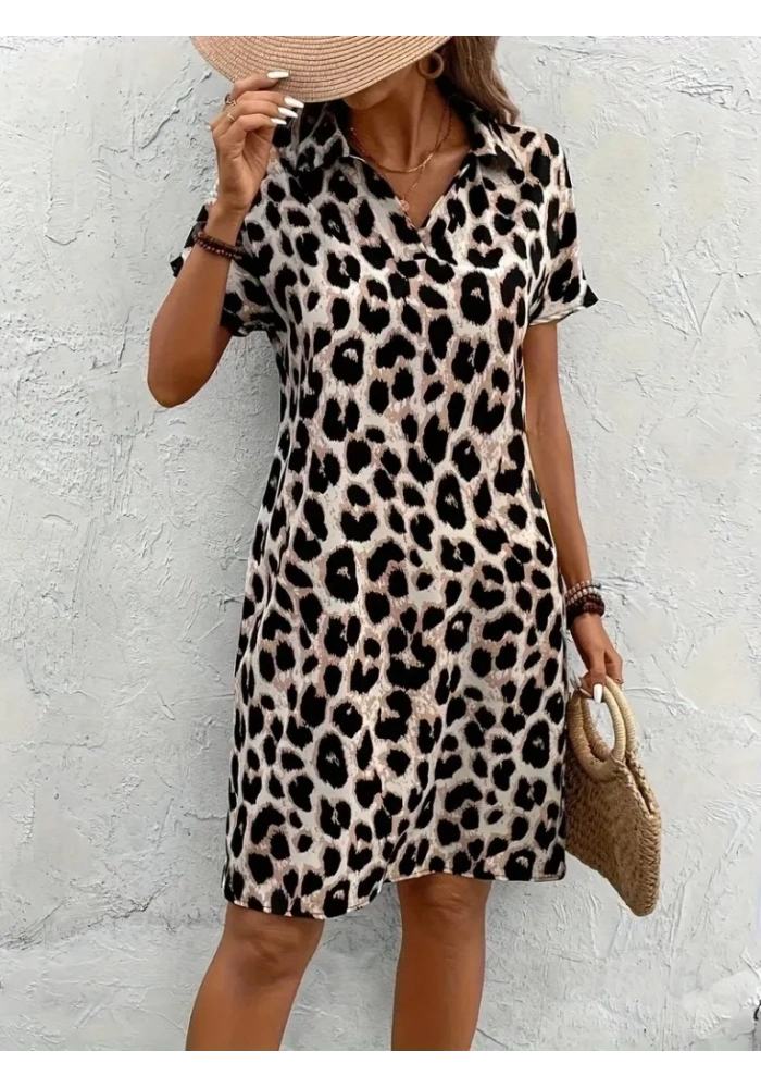 Kadın Kısa Kollu V Yakalı Leopar Desenli Atlas Kısa Elbise