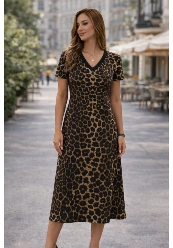 Kadın Kısa Kollu V Yakalı Leopar Desenli Kısa Süprem Elbise